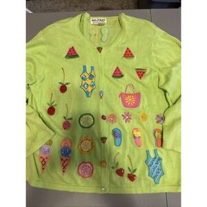 Vtg Women's Jack B Quick Beach/Fruit Cardigan Sweater. Size XL Green 3/4 Sleeves